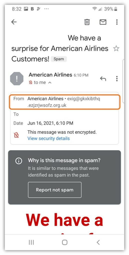 A screenshot of an American Airlines brand impersonation scam email with the sender's phony email highlighted
