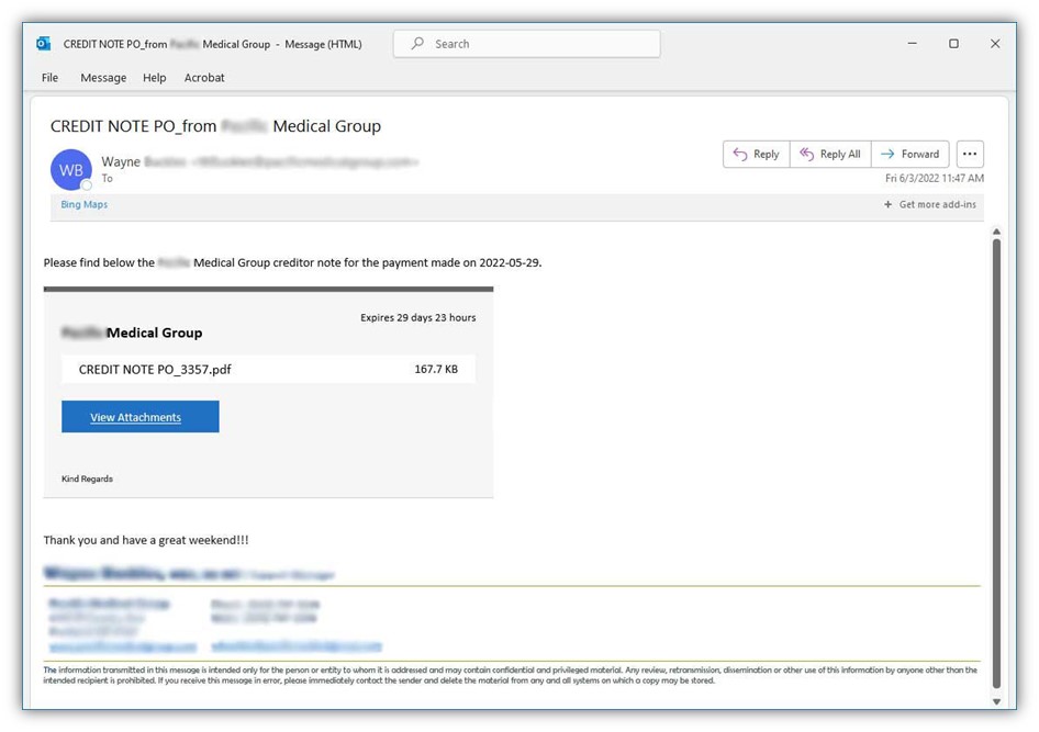 A screenshot of a brand impersonation email where someone tried to pretend to be an employee of a specific medical group