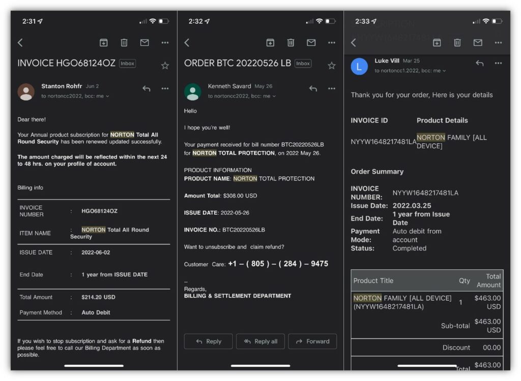 A compilation of three separate Norton LifeLock phishing scam emails