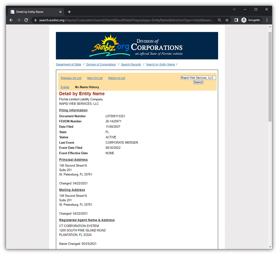 A screenshot of the state of Florida's Division of Corporations website (sunbiz.org).