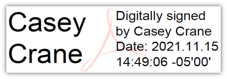 An example digital signature certificate's display for a PDF document