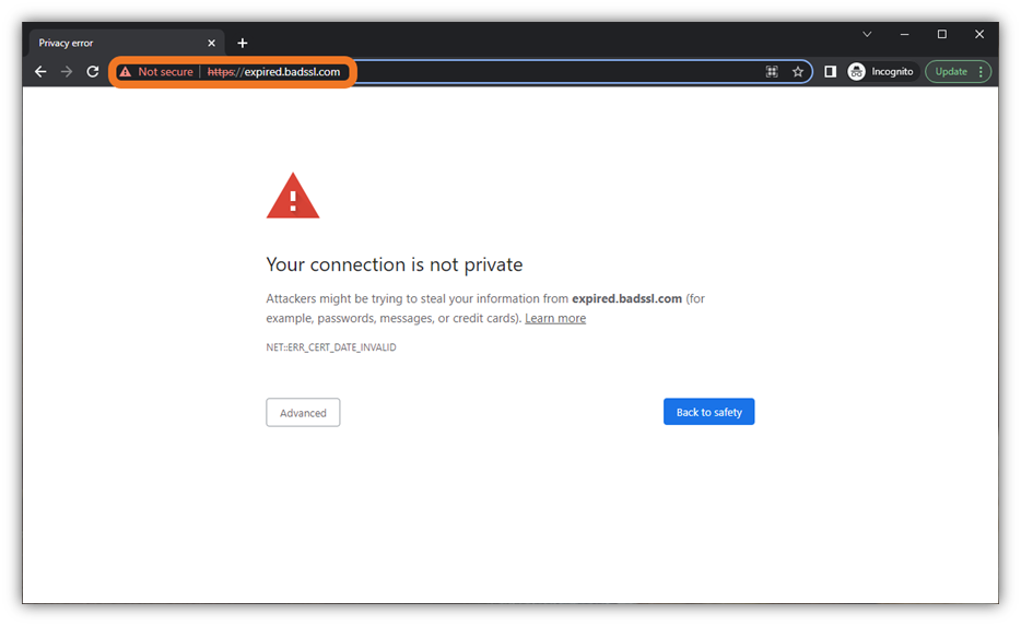 A screenshot of BadSSL.com loading an example that shows an expired SSL/TLS certificate error with a "not secure" warning displaying