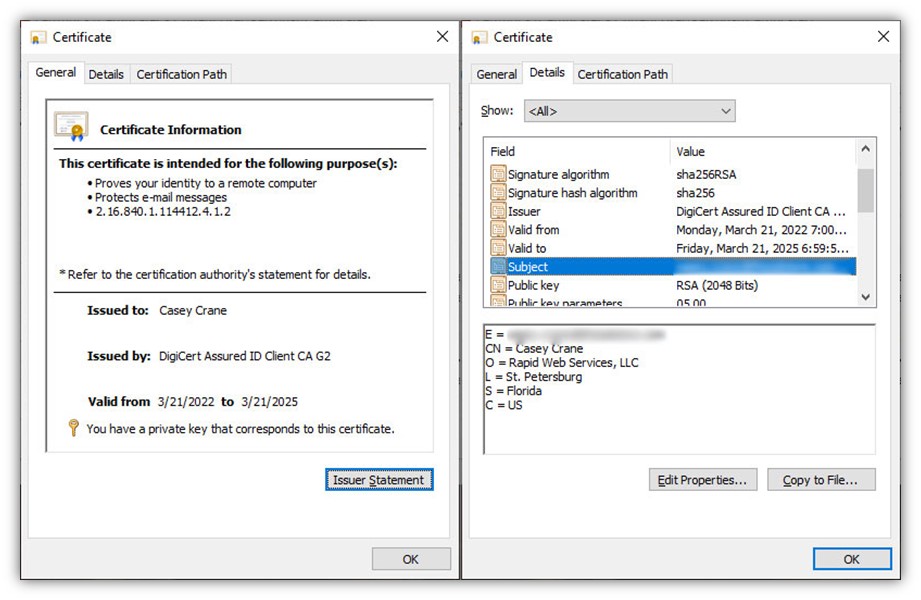 Digital signature vs digital certificate graphic: A set of screenshots that show the verified digital identity of the person the certificate was issued to.