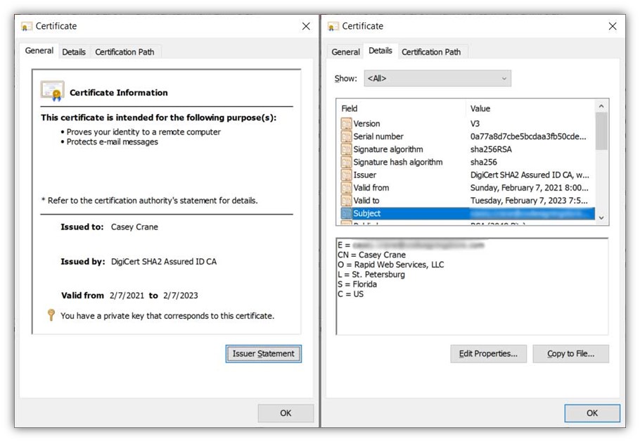 A screenshot of a digital signature certificate's information that displays for a client authentication certificate