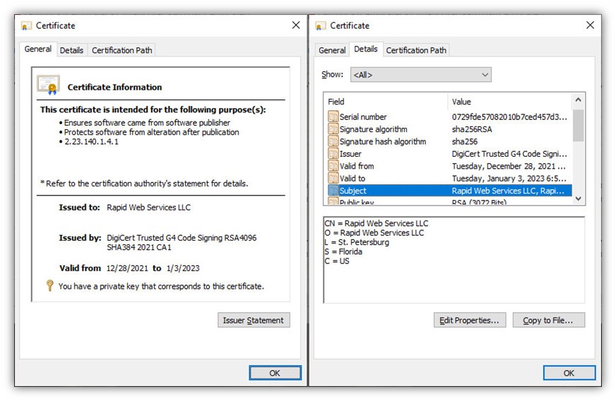 A set of screenshots that showcase code signing certificate information, including info about the organization that the certificate was issued to.