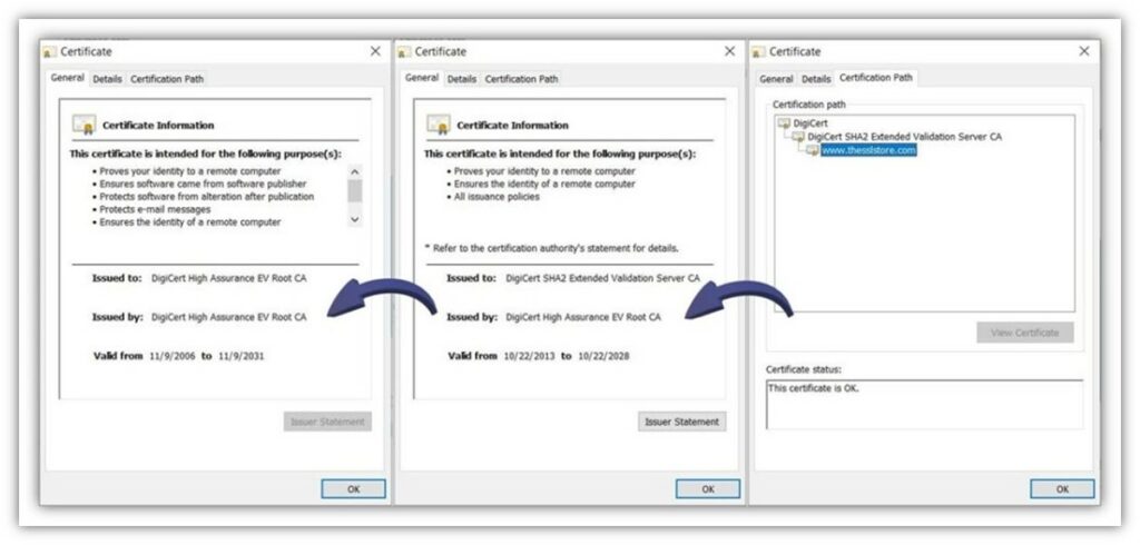 A digital signature certificate's chain of trust