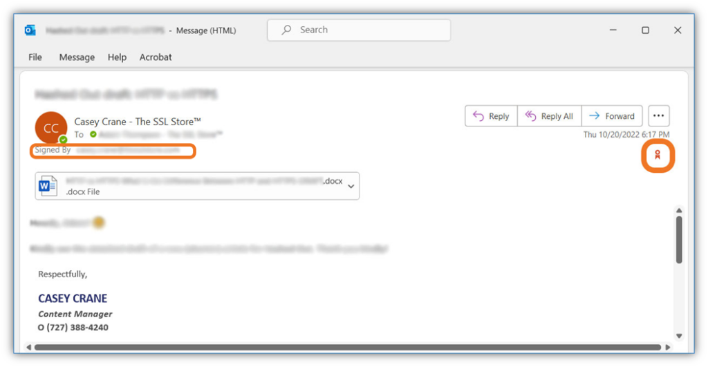 A screenshot that shows how a digitally signed email looks