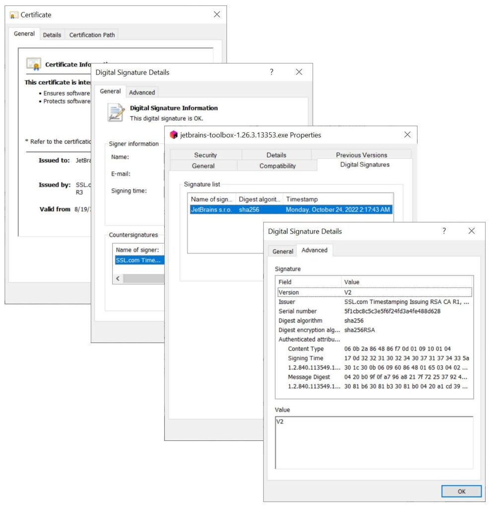A set of screenshots that are layered partially on top of one another and display information relating to JetBrains software's digital signature and certificate information 