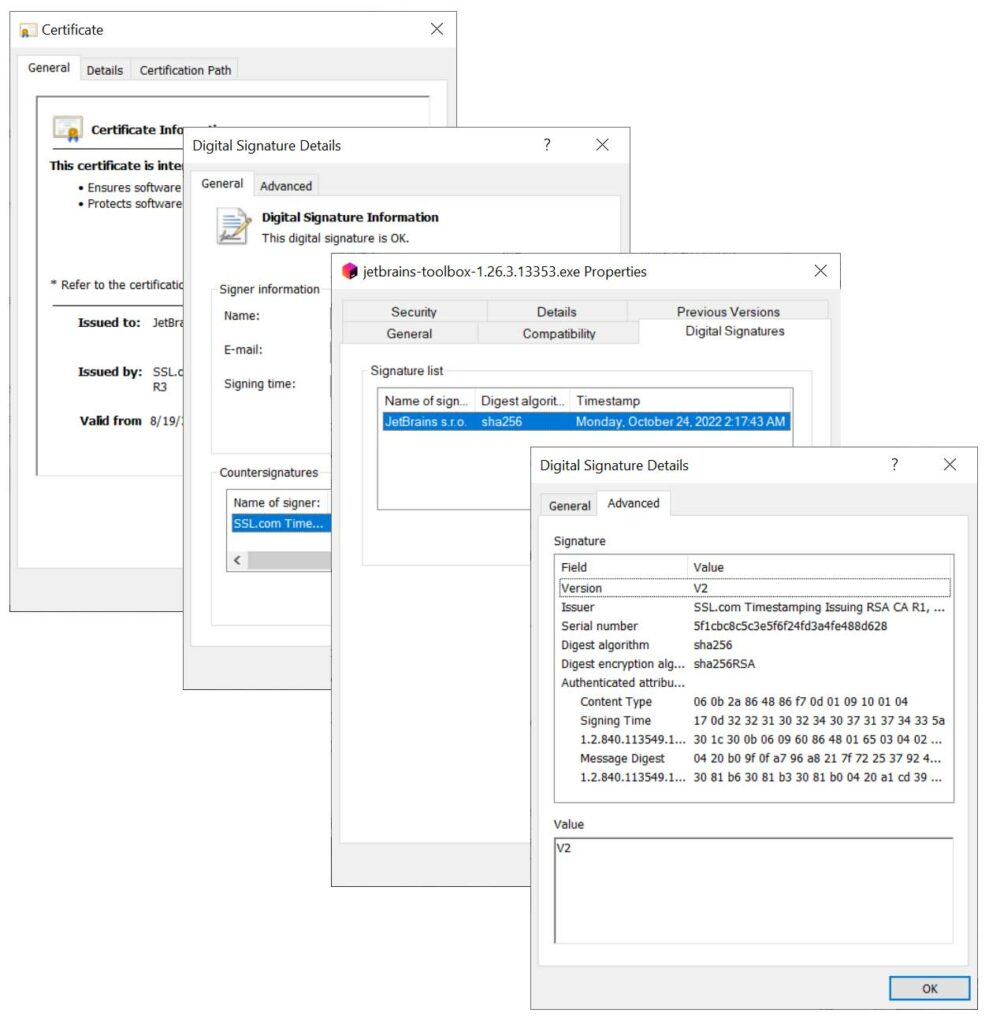 A set of screenshots that are layered partially on top of one another and display information relating to JetBrains software's digital signature and certificate information