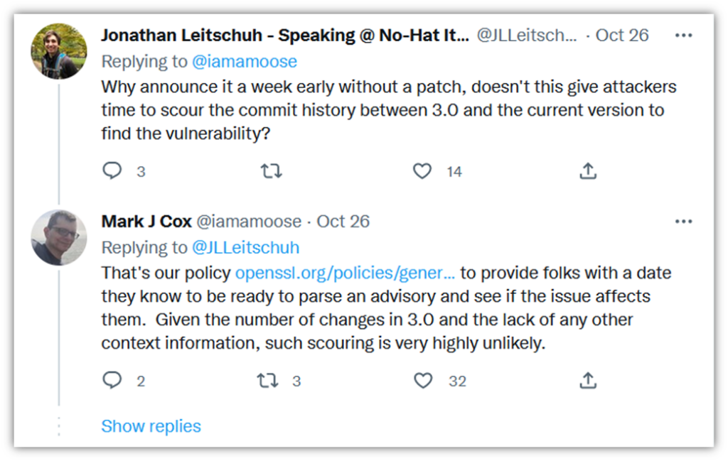 A screenshot of the tweets from Mark Cox's twitter page that talks about why OpenSSL releases pre-notifications of their security advisories