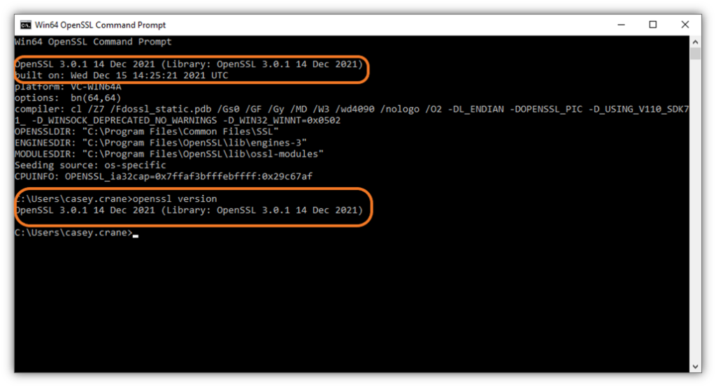 An OpenSSL example screenshot that shows the version of the command line utility tool