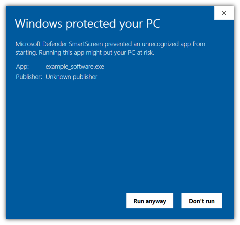 A screenshot example of Windows Defender SmartScreen's warning message that displays when encountering unsigned software