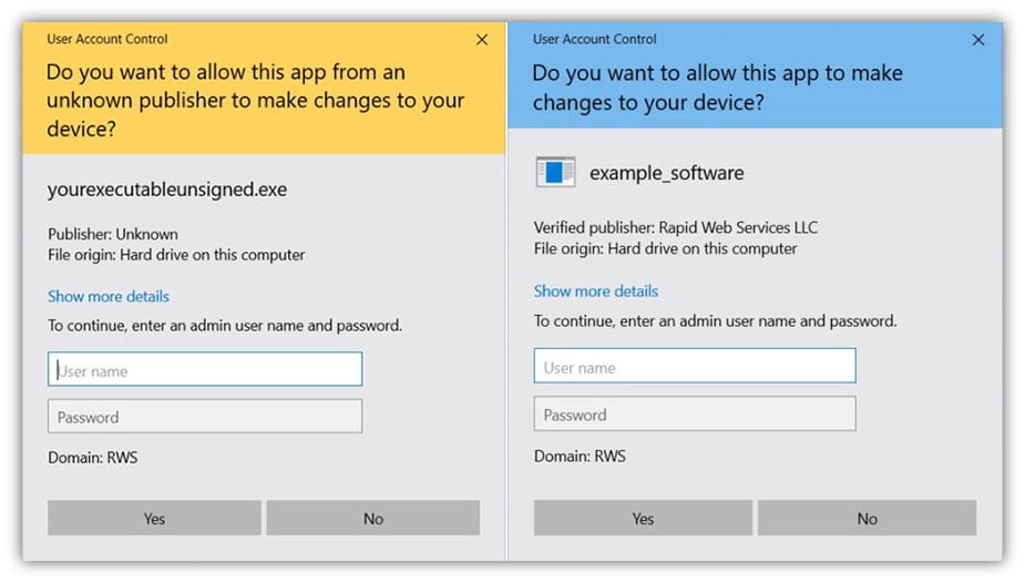 Secure software supply chain graphic: Two side-by-side screenshots of the User Access Control messages that display for unsigned (left) and signed (right) software