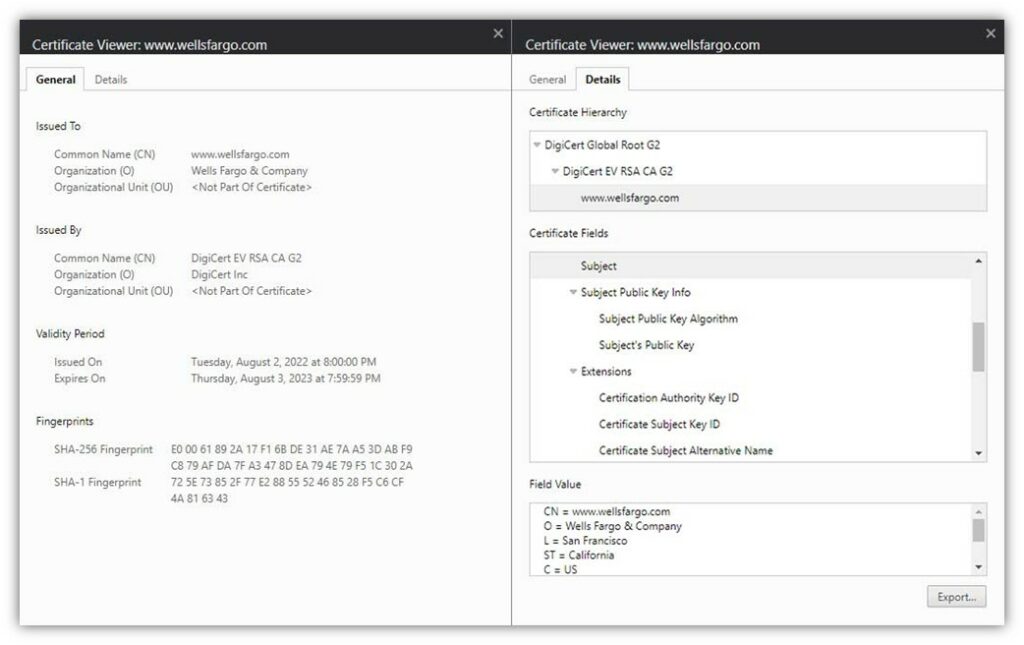 A combined set of screenshots of Wells Fargo's SSL/TLS certificate we captured from wellsfargo.com. The SSL/TLS certificate shows the validation organizational information of Wells Fargo in its details.