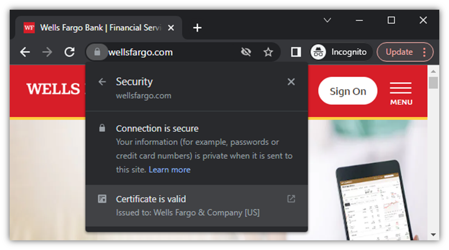 A graphic for the article "What Is HTTPS?" It's a screenshot from wellsfargo.com that shows the Google Chrome browser using an HTTPS connection.
