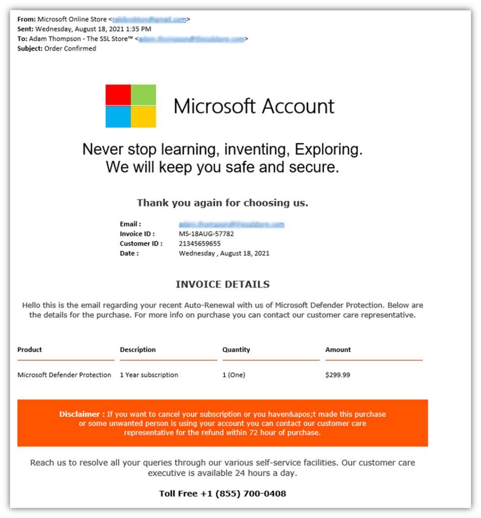 A screenshot example of a hybrid vishing email The SSL Store received.