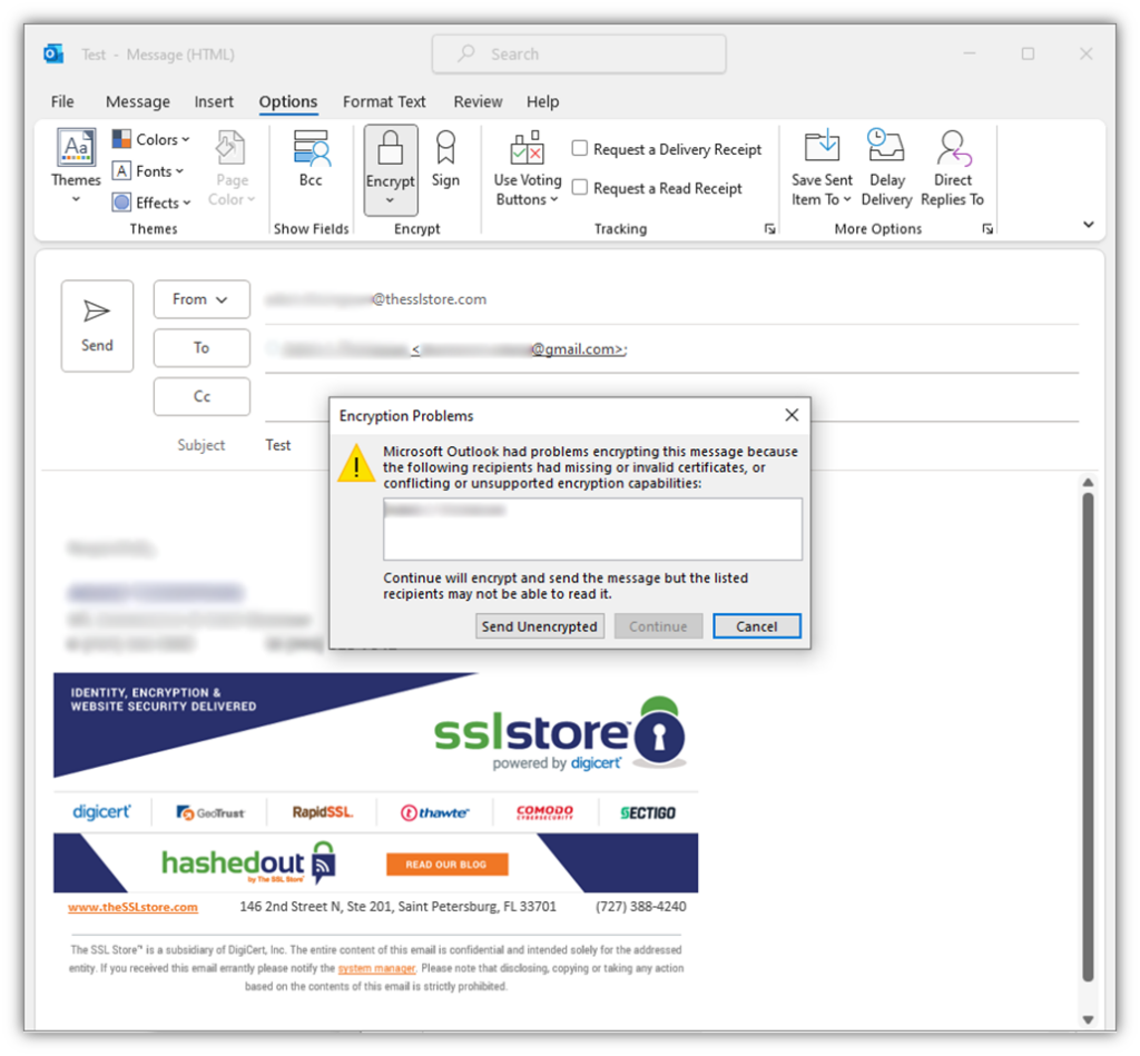 An example of an email security error message displaying in Outlook that communicates that an email is missing a valid certificate