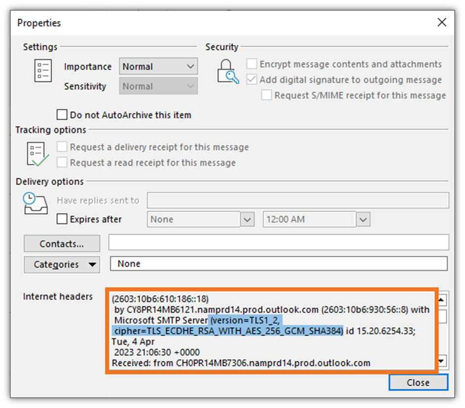 A screenshot example of email header data, which shows the type of cryptographic algorithms involved in securing an email