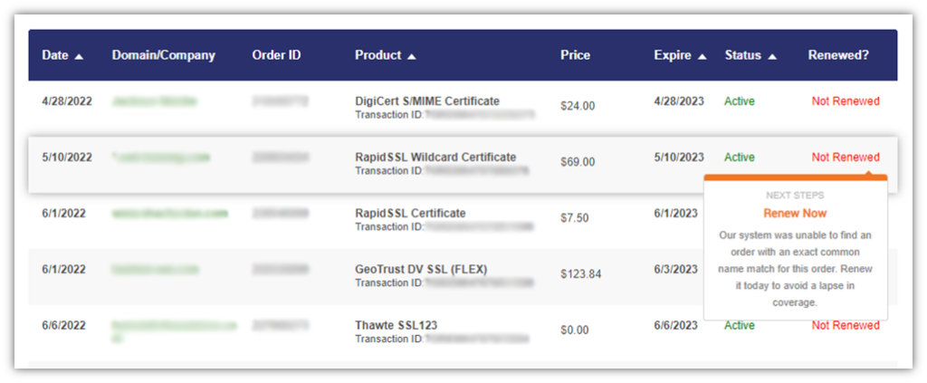 A screenshot of where customers can renew their expired security certificates on TheSSLstore.com's customer dashboard.