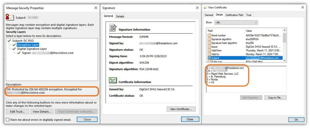 A three-part screenshot graphic that shows the message security properties of an email that is signed using an  email signing certificate.