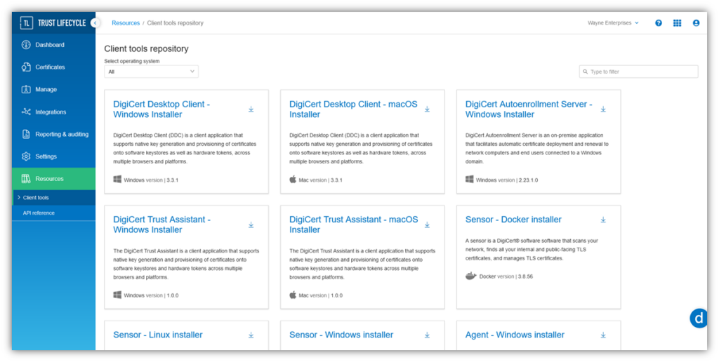 This screenshot shows the DigiCert Trust Lifecycle Manager dashboard and the litany of client tools that are available through it.