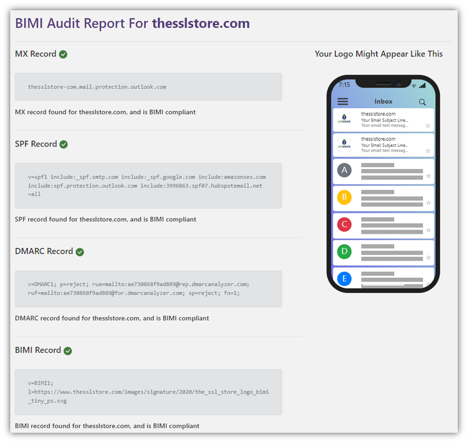 A screenshot of BIMI Group's BIMI Inspector tool.
