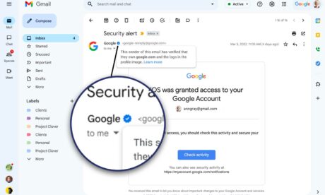 Original image source: Google Workplace. A screenshot of the new Google checkmark (verified blue checkmark) in Gmail