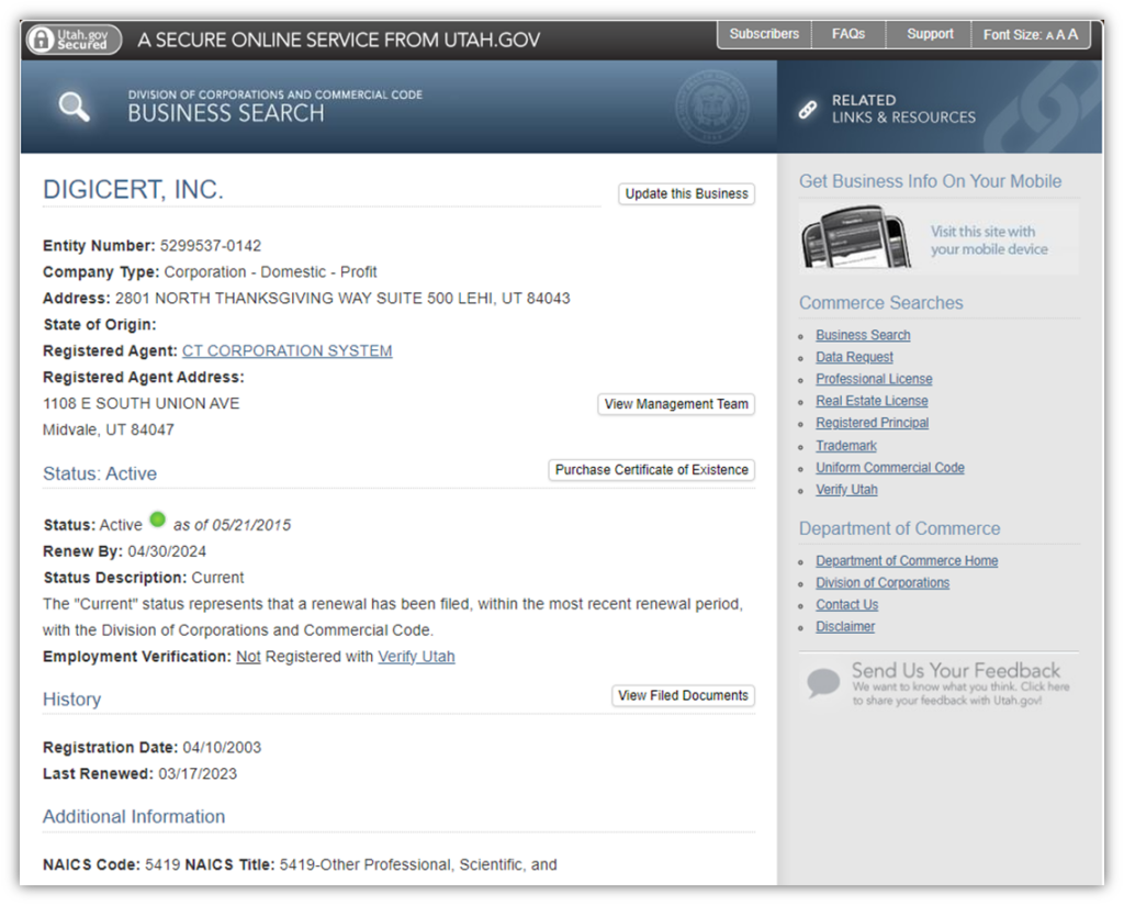 A screenshot of the state of Utah's Division of Corporations and Commercial Code website. It shows the registered company information for DigiCert, Inc.