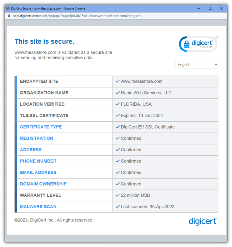 how to check if a website is safe to buy from graphic: An example screenshot that shows the verified organizational information that displays on websites using a DigiCert Secured Smart Seal.