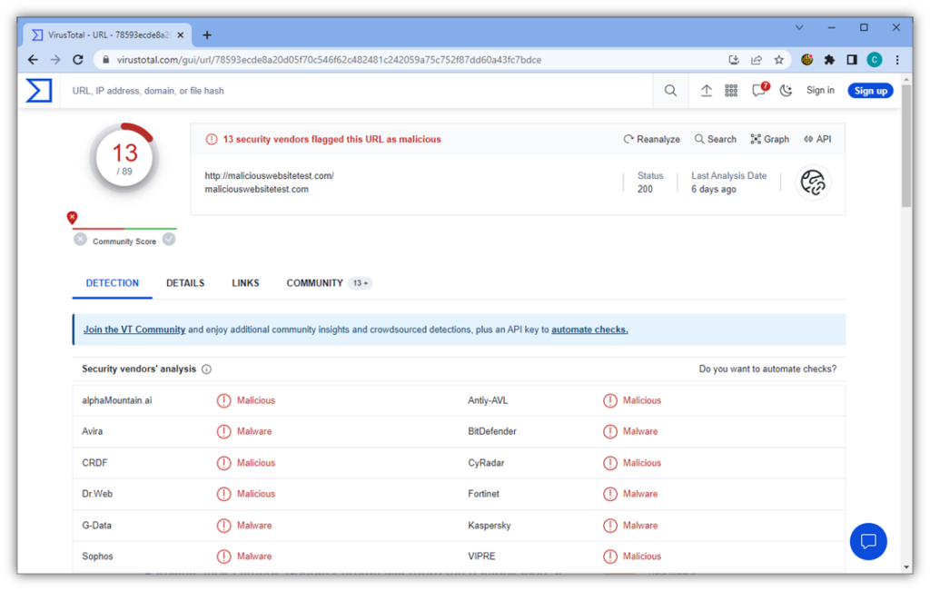 how to check if a website is safe graphic: A screenshot of the VirusTotal.com search results for the test website "http://maliciouswebsitetest.com."