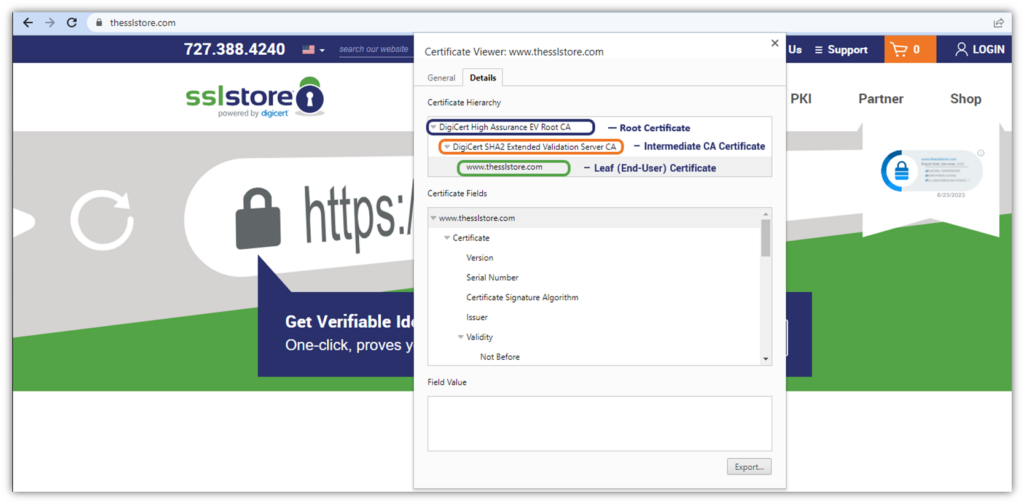 CA certificate graphic: A screenshot of TheSSLstore.com's SSLTLS certificate chain of trust, which shows the hierarchy of the root CA, intermediate CA, and leaf (server) certificate.