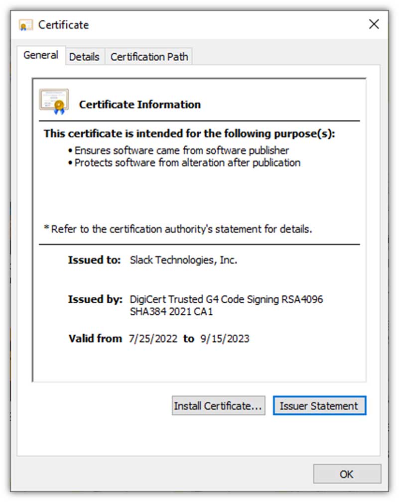 CA certificate graphic: A screenshot that shows certificate subject and issuer information relating to the code signing certificate that was used to digitally sign the communication app Slack.