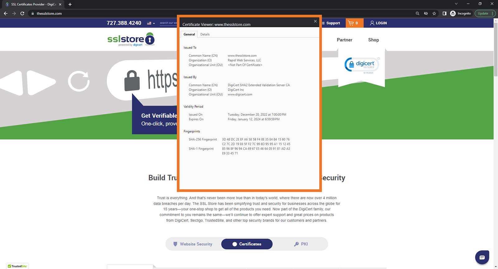 A screenshot of the SSL/TLS certificate information for TheSSLstore.com