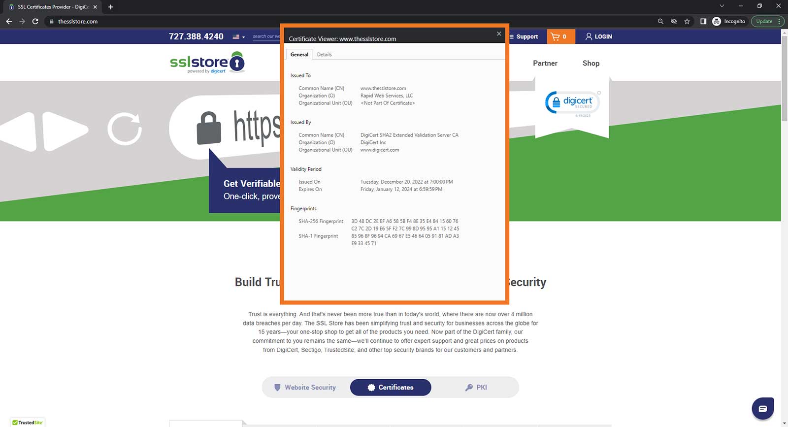 A screenshot of the SSL/TLS certificate information for TheSSLstore.com