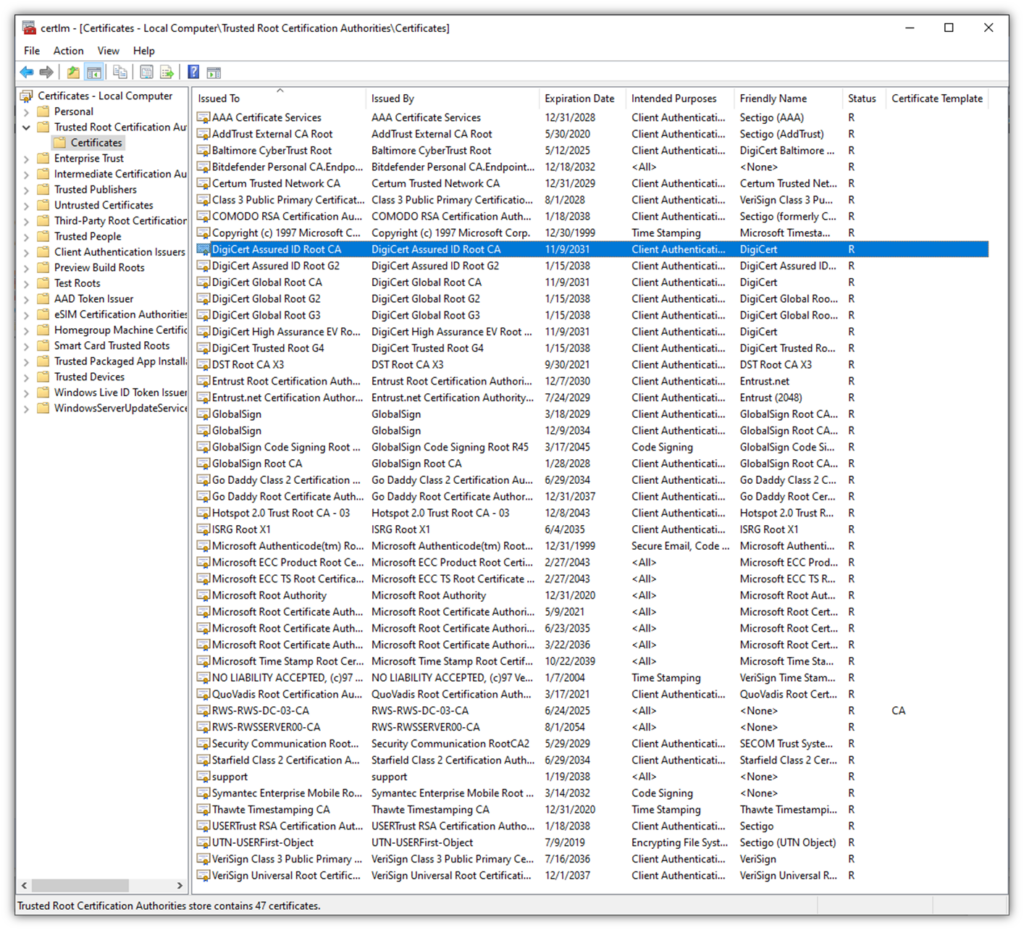 CA certificate graphic: A screenshot of a Windows Certificate Manager screen, which shows a list of trusted root CA certificates.