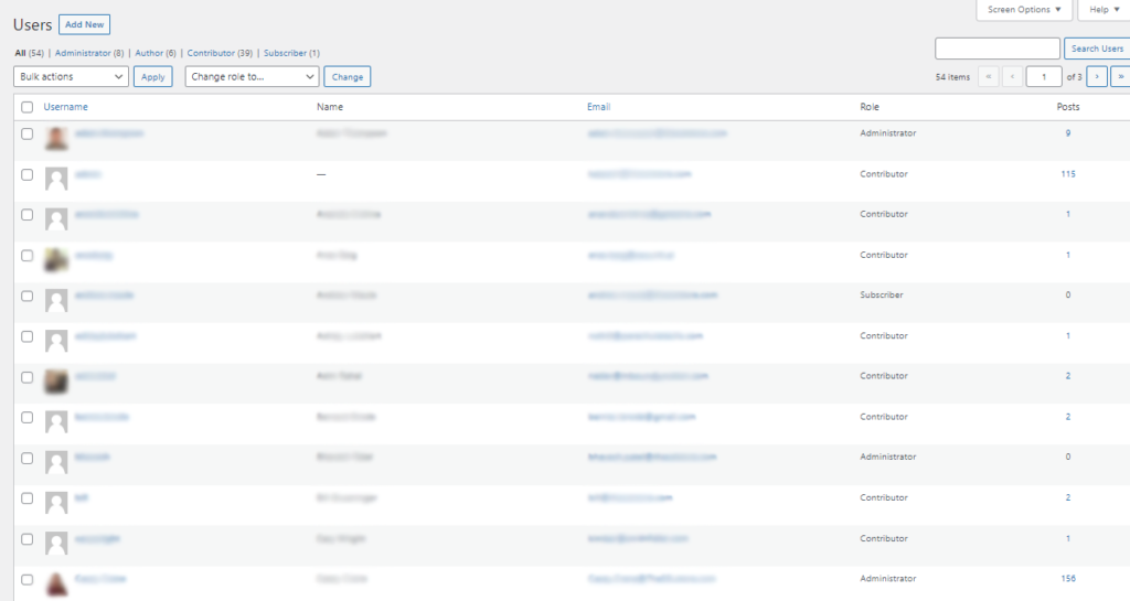 Compromised credentials graphic: A screenshot of a WordPress user list with example users listed. Limiting your list of users with privileges can help limit the impact of credential attacks and reduce your attack surface since fewer users will have elevated permissions.