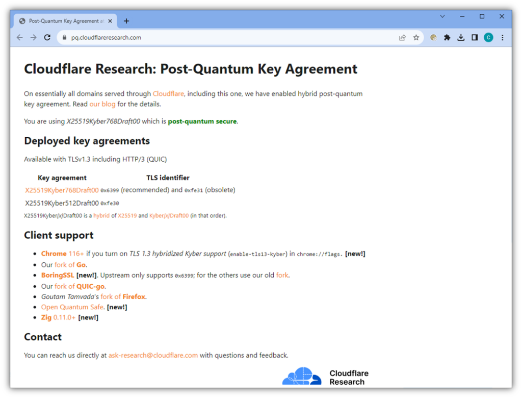 A screenshot of Cloudflare Research's PQC Key Agreement tool results when I check my browser's key agreement settings.