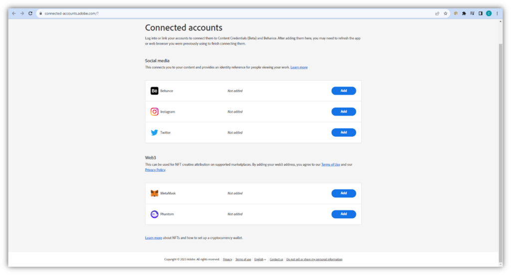 A screenshot of some of the connected account options available through Adobe as of Aug. 10, 2023.