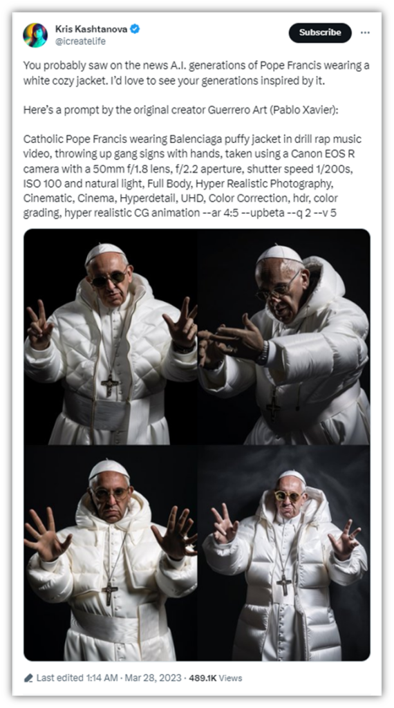 A screenshot of a tweet from @icreatelife that shows examples of AI-generated art of the Pope in a puffy white jacket that were created by Pablo Xavier.