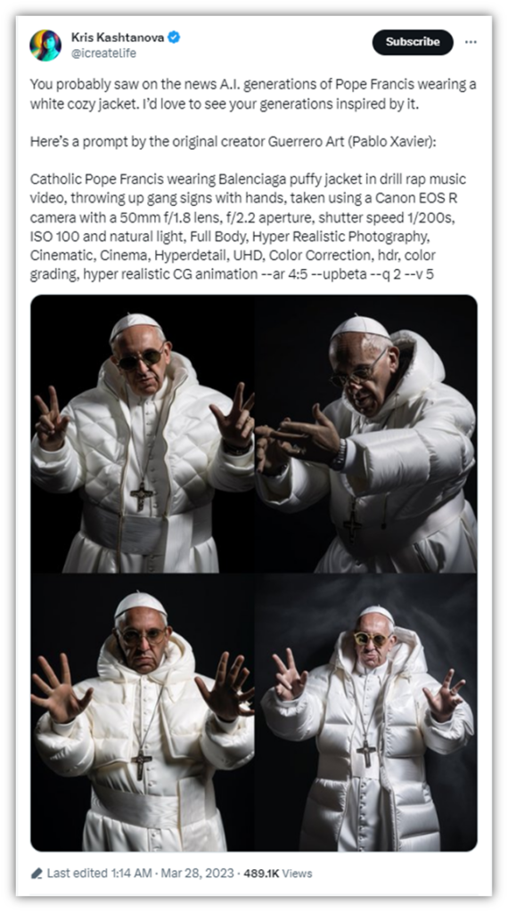 Generative AI risks and challenges graphi: Deepfake images of Pope Francis that were created using a generative AI tool