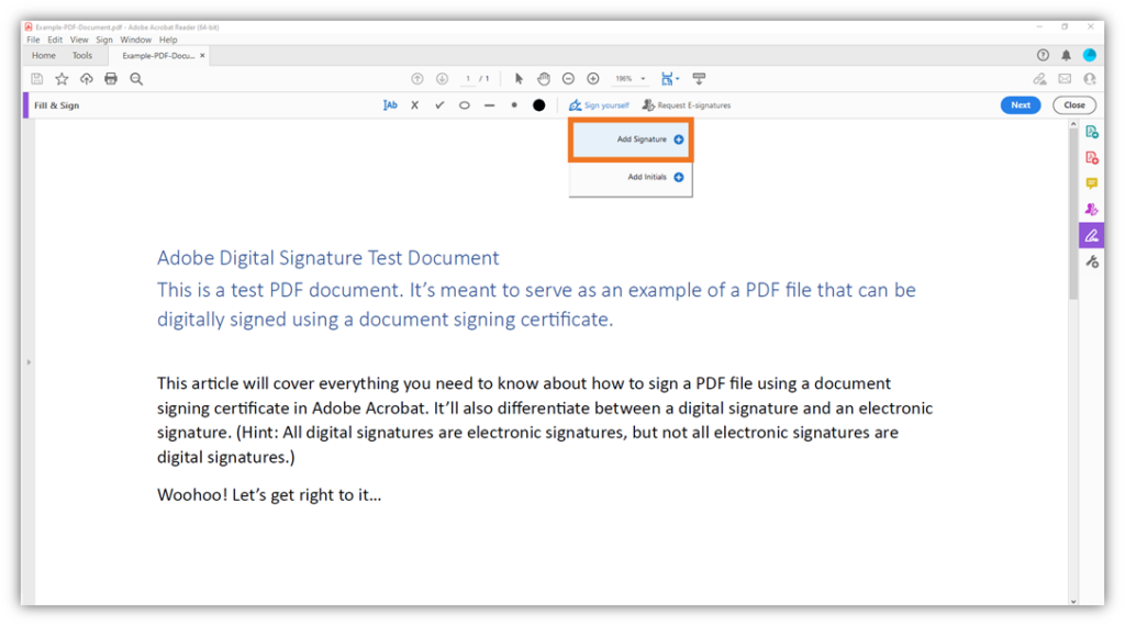 A screenshot of where to find the Add Signature tool in Adobe Acrobat Reader