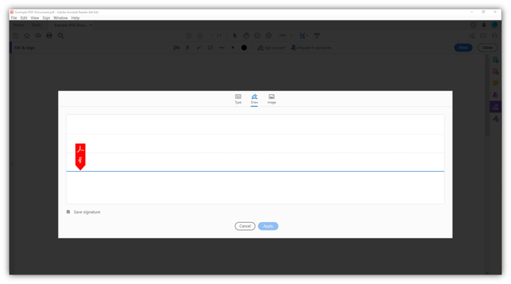 A screenshot of the signature field in Adobe Acrobat Reader