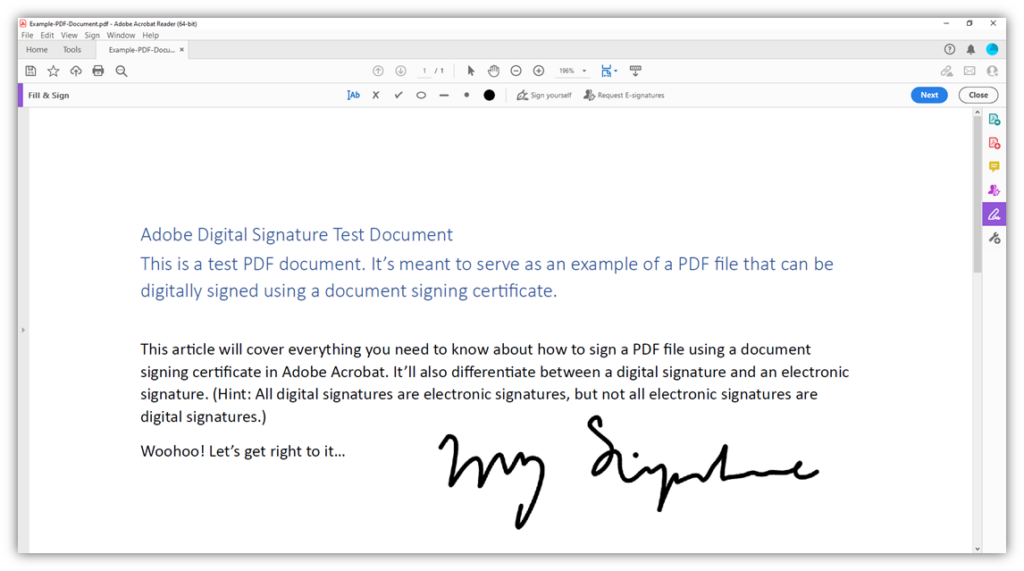 How to create a digital signature in adobe graphic: An example of how a handwritten signature displays in Adobe Acrobat Reader