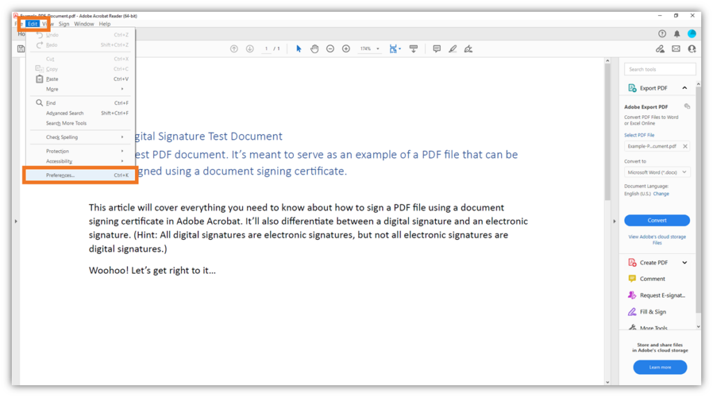 A screenshot of the Properties field in the Edit menu of Adobe Acrobat Reader