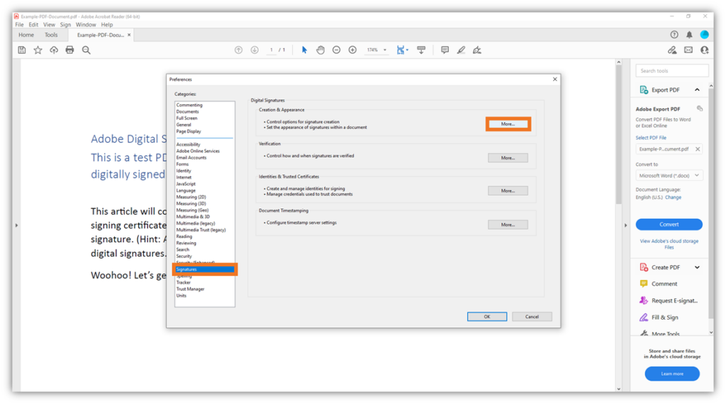 A look at the Signatures menu in Adobe Acrobat