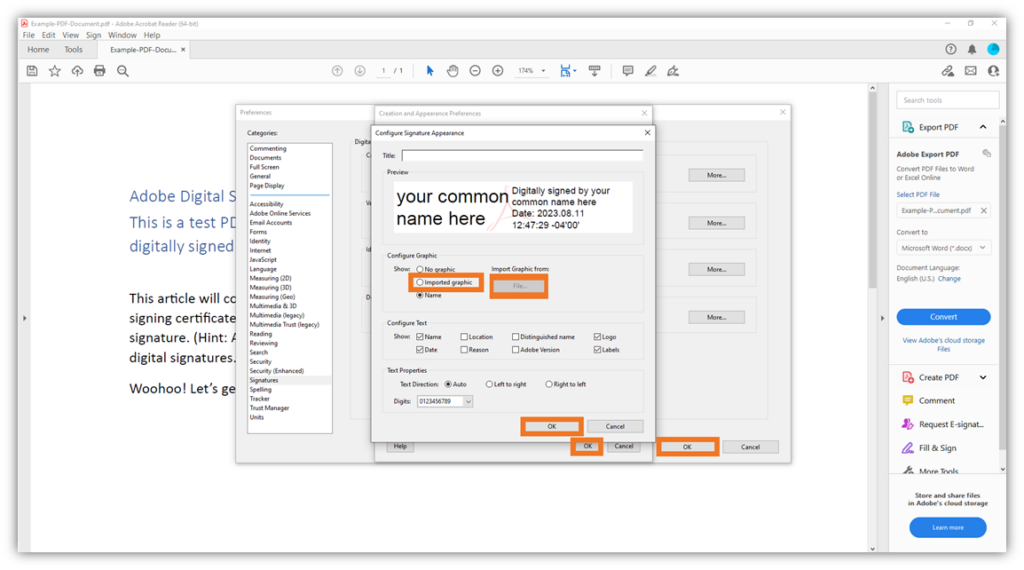 A screenshot that shows where to import a graphic in the Configure Signature Appearance settings window