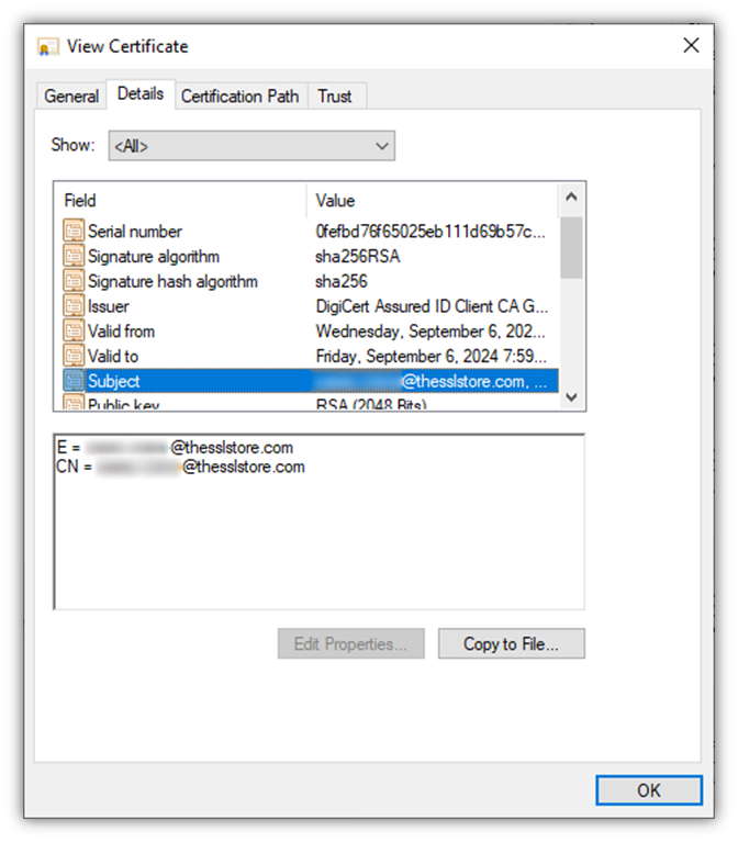 An example of an S/MIME email security certificate that's compliant with the CA/B Forum's new S/MIME Certificate Baseline Requirements.