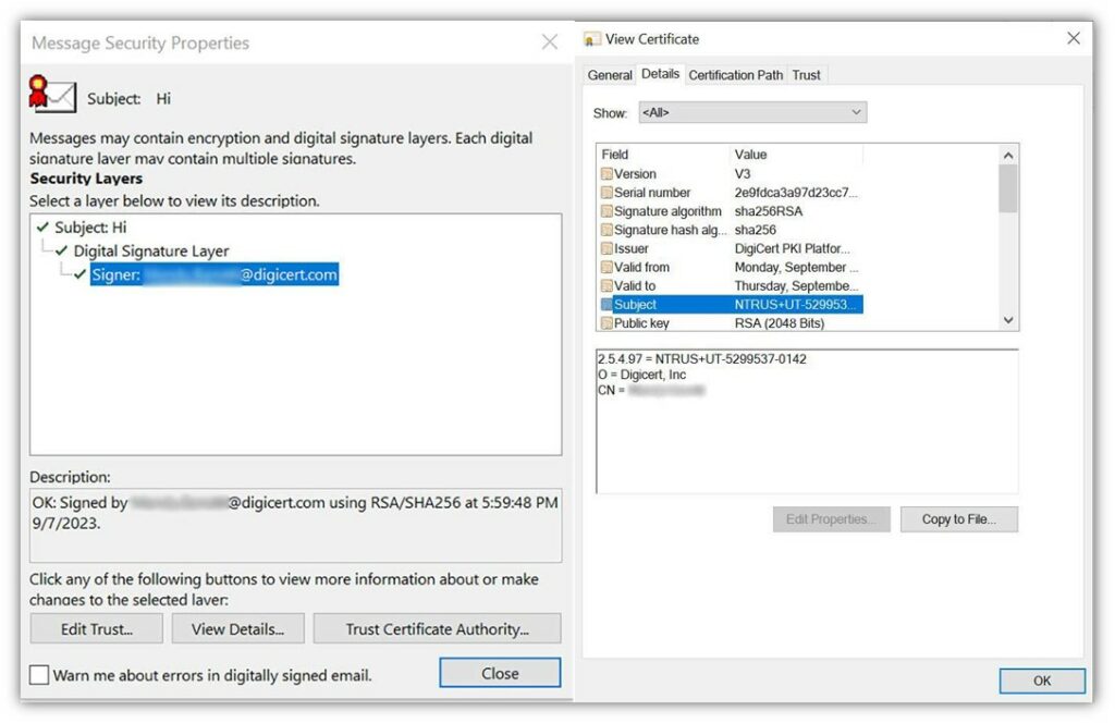 A side-by-side set of screenshots that display info regarding a DigiCert Orgaization-Validated S/MIME Certificate.