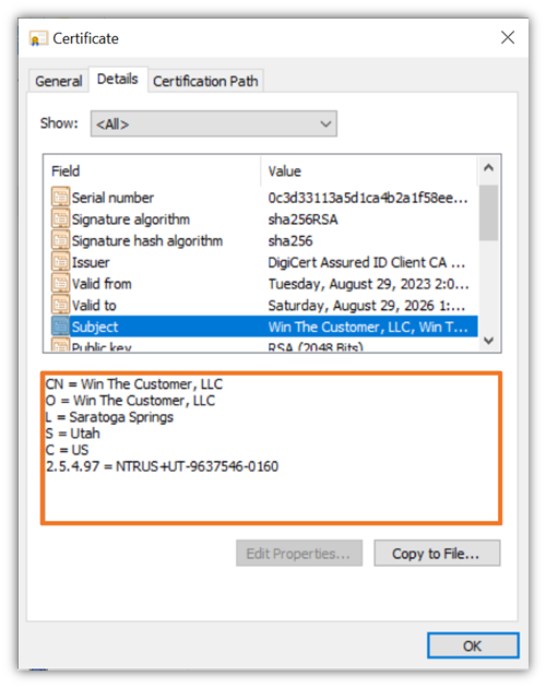 A screenshot example of the information displayed for a DigiCert Orgaization-Validated S/MIME Certificate.