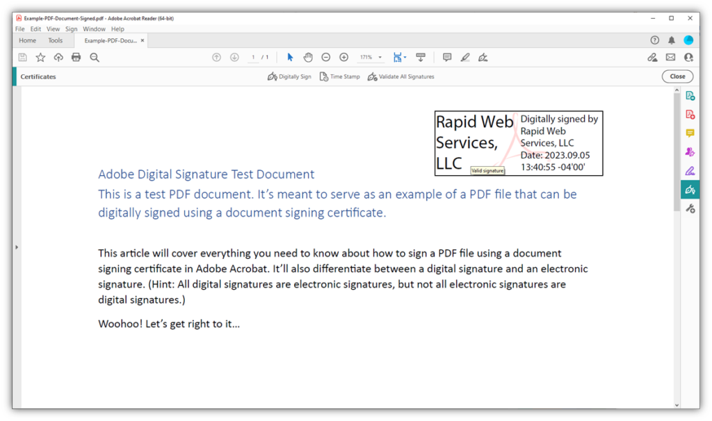 A screenshot that shows a valid signature in a PDF file